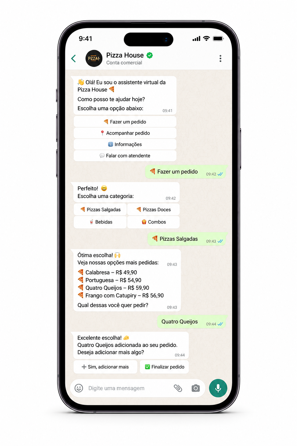 Celular exibindo conversa de bot de atendimento no WhatsApp