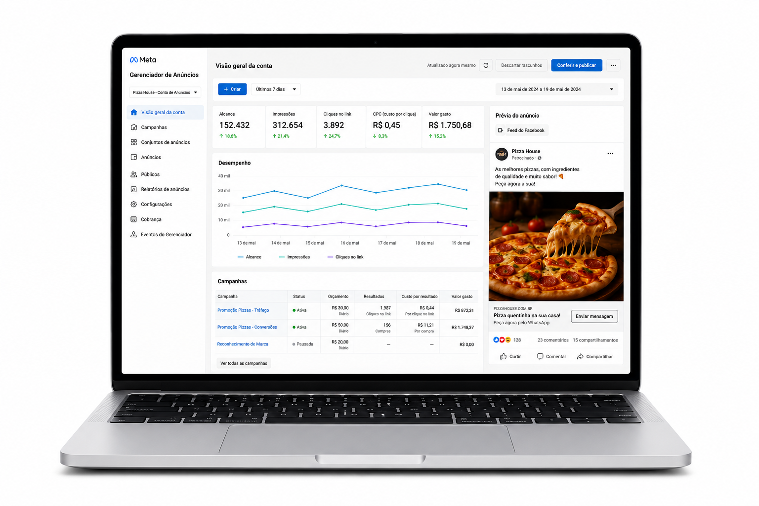 Notebook exibindo o Gerenciador de Anúncios da Meta com métricas de campanhas
