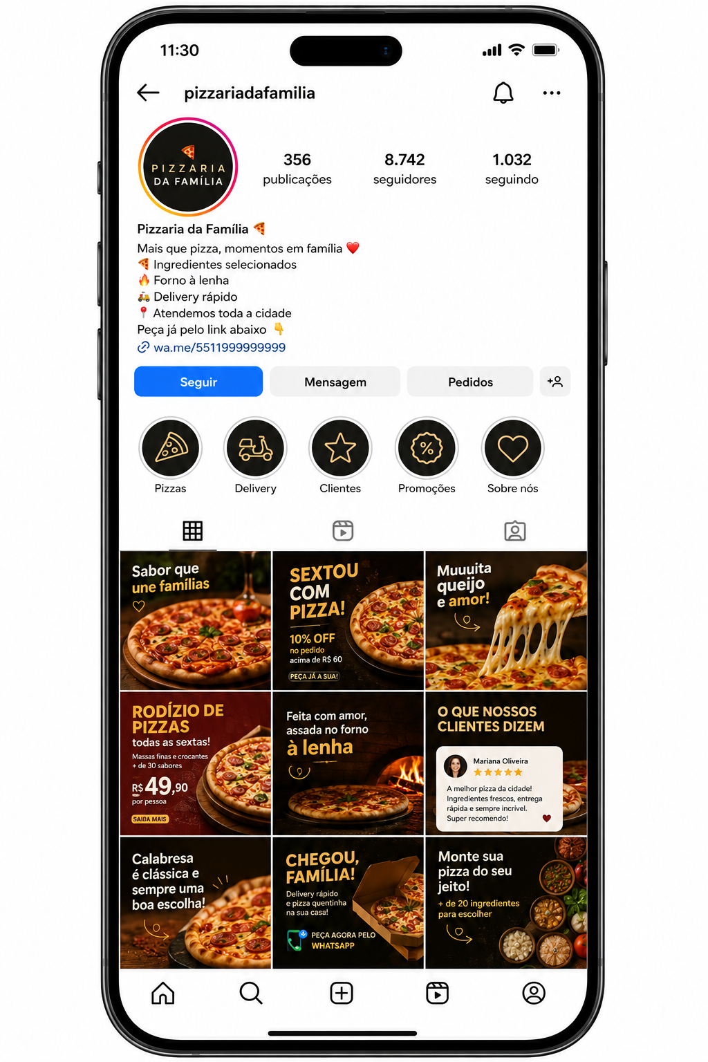 Perfil de pizzaria no Instagram com publicações organizadas