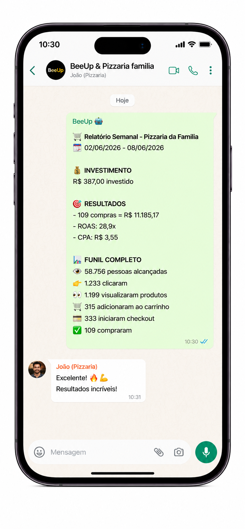 Celular mostrando relatório semanal de resultados no WhatsApp