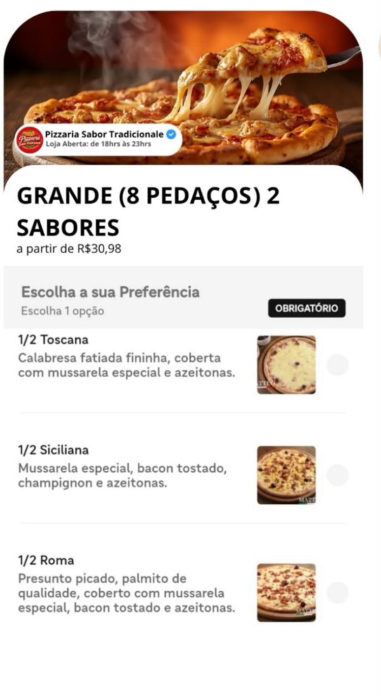Tela de cardápio digital no iFood mostrando opções de pizza